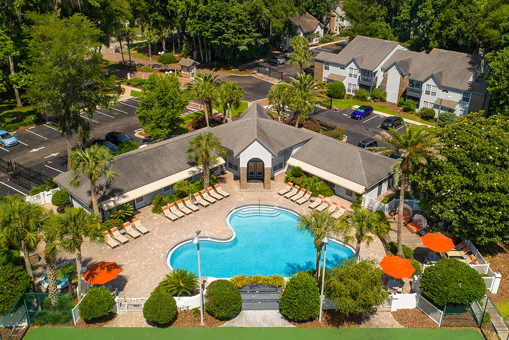 Aerial view of Spyglass including the pool area