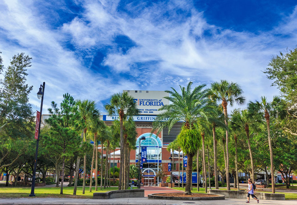 Ben Hill Griffin Stadium behind palm trees with blue sky and clouds
